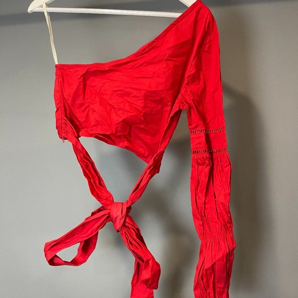 Revolve Tularosa One Shoulder Asymmetrical Cropped Bow Red Lola Blouse - Size XS - Picture 5 of 7